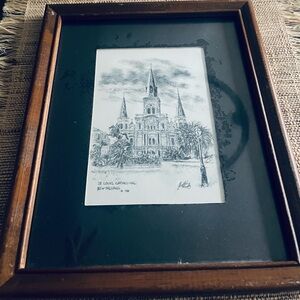 Framed Sketch of St. Louis Cathedral signed by artist